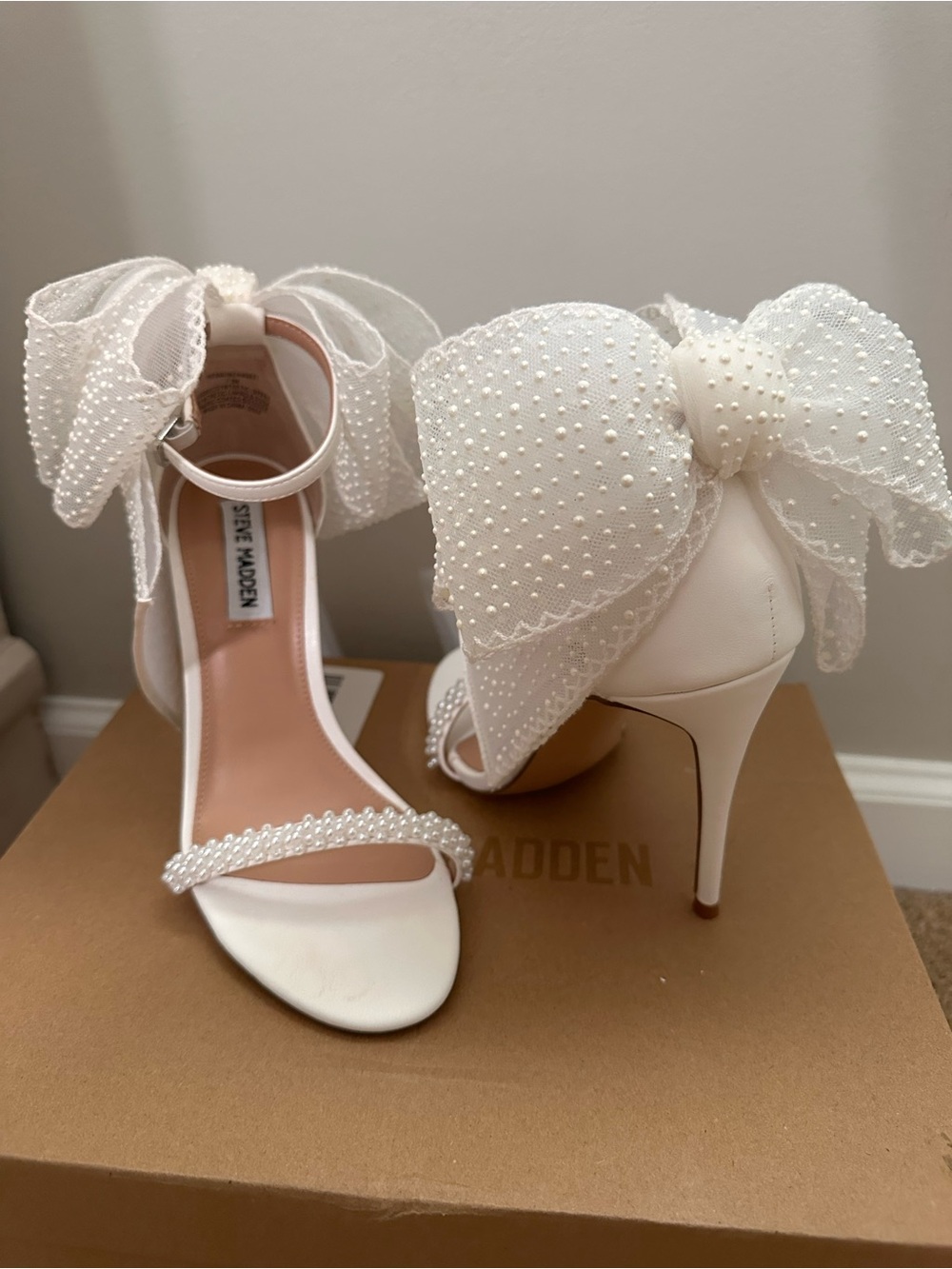 Steve Madden Ivory Bow Pearl-Trim Ankle Strap Heels